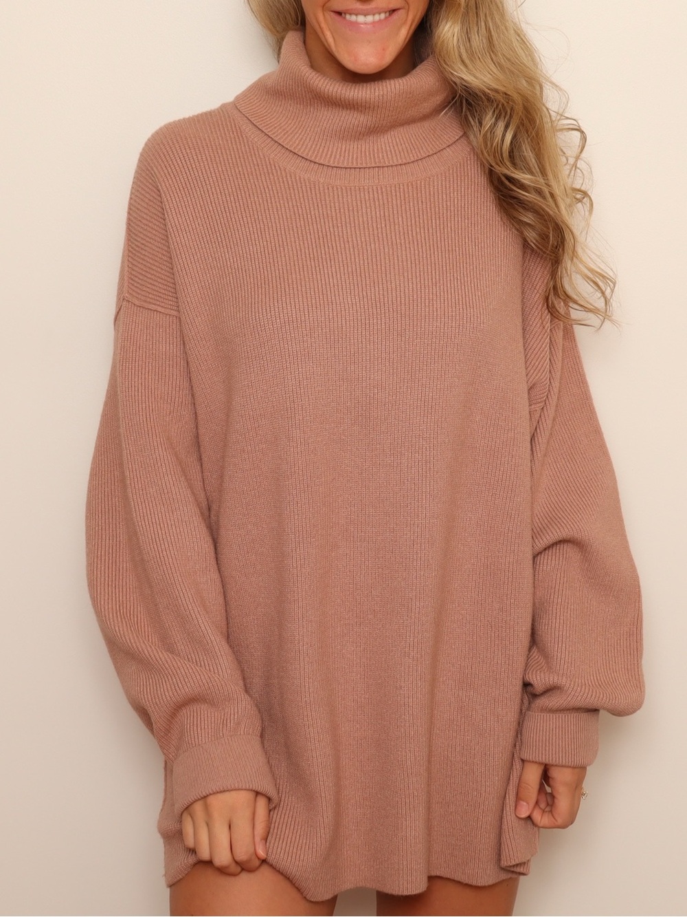 Free People Rose Mauve Oversized Ribbed Turtleneck Sweater Size Medium